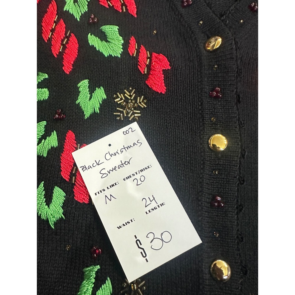 Cove Creek Black Christmas Cardigan Sweater Red Green‎ Bow Poinsettia Beaded M - Picture 4 of 4